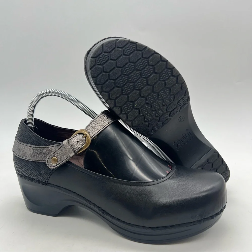 Sanita Women's 41 Black Leather Metallic Strap Buckle Mary Jane Comfort Clogs.